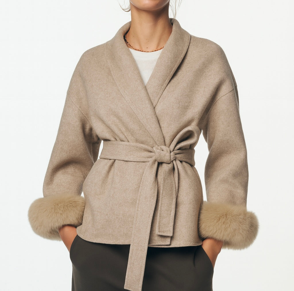 Wool coat with fur sleeves