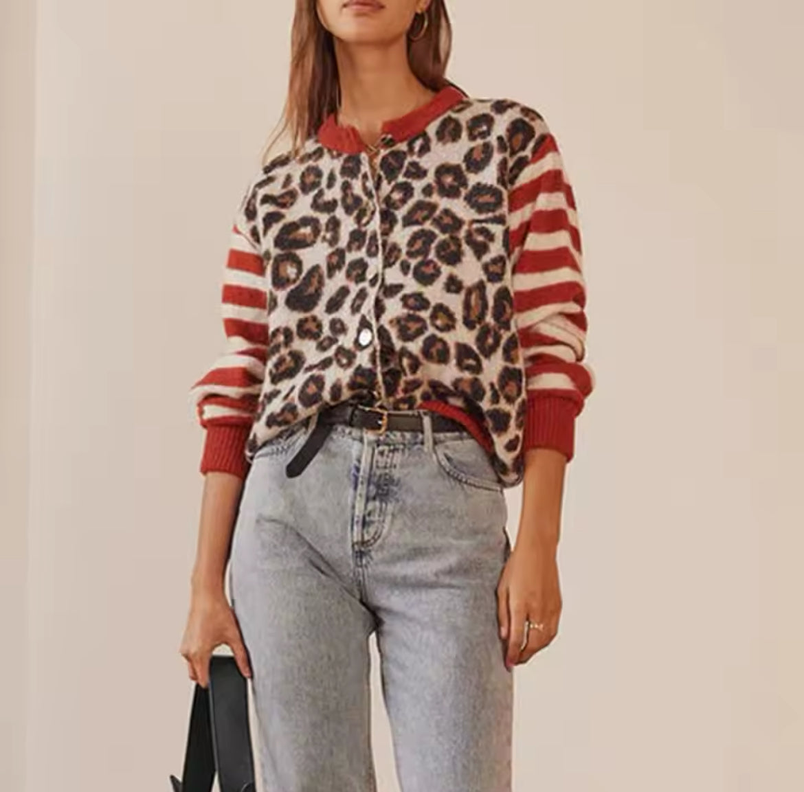 CARDIGAN À IMPRIMÉ LÉOPARD ET RAYURES
