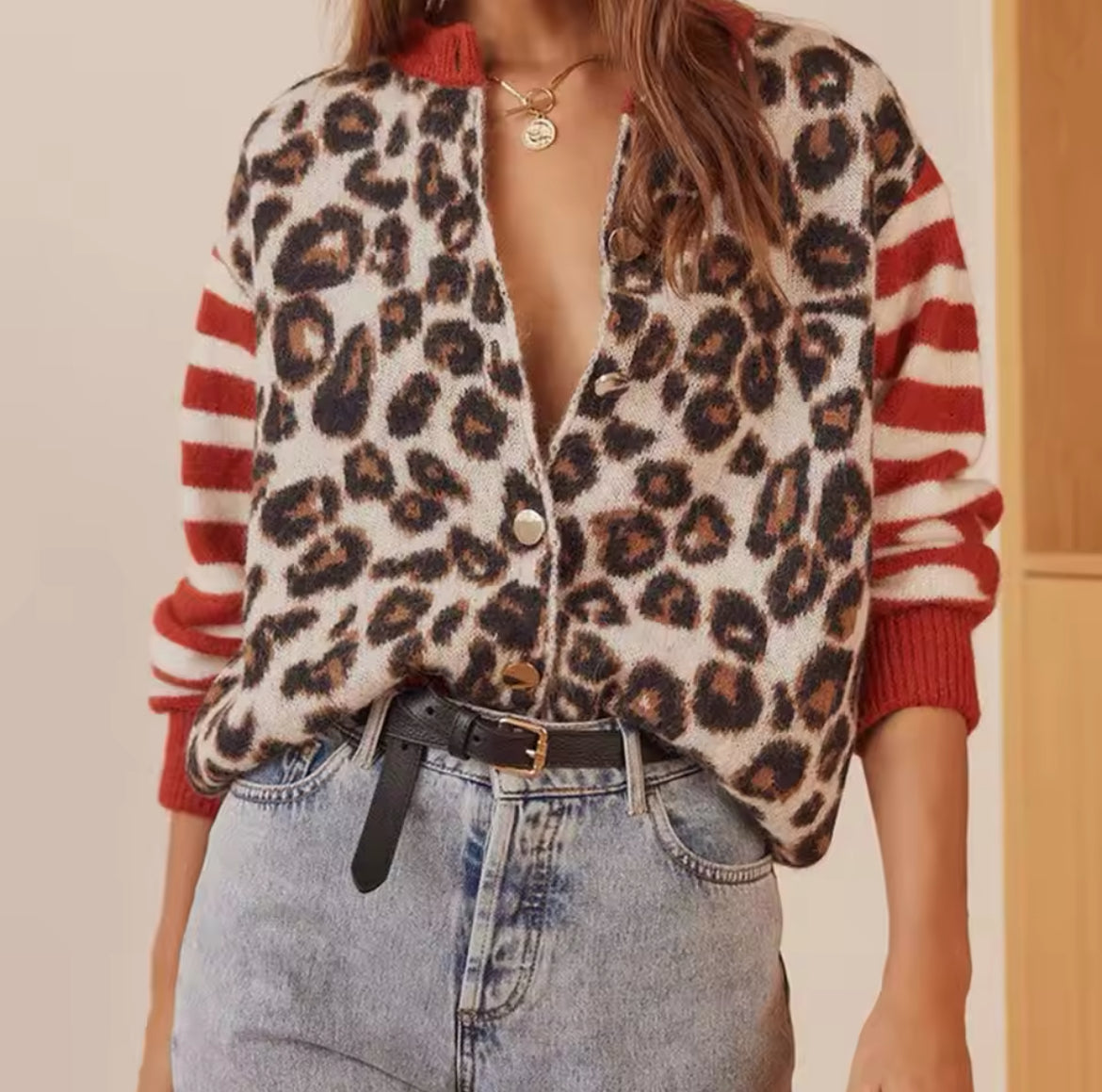 CARDIGAN À IMPRIMÉ LÉOPARD ET RAYURES