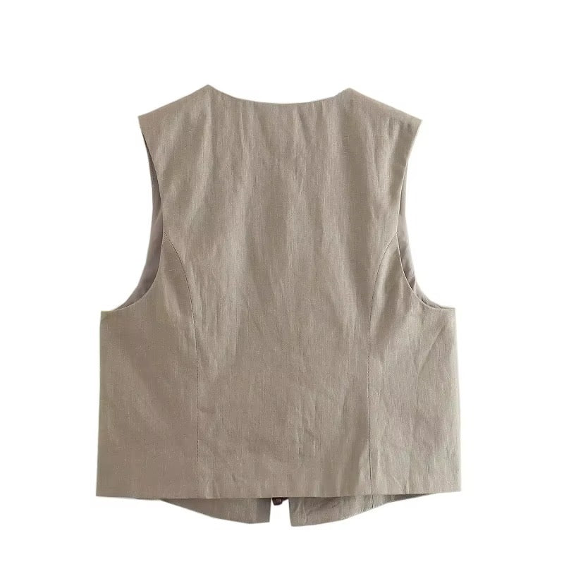 GILET COURT À LIENS ET PERLES BOIS