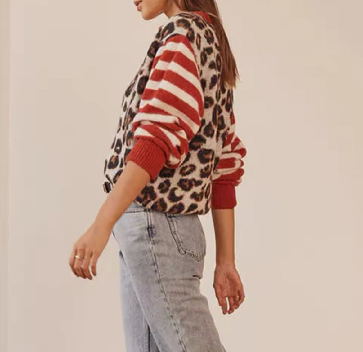 CARDIGAN À IMPRIMÉ LÉOPARD ET RAYURES