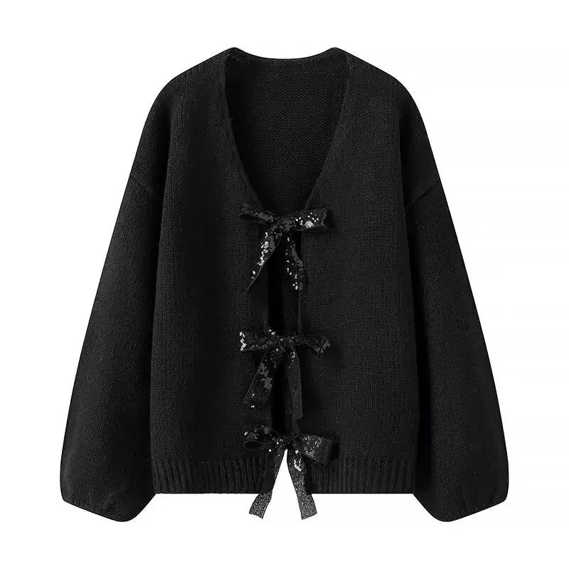 CARDIGAN TRICOTÉ À PAILLETTES AVEC NŒUD