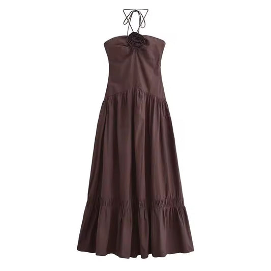 ROBE LONGUE À LIENS NUQUE ET DÉTAIL FLEUR