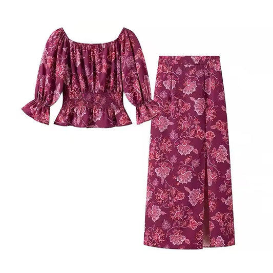 ENSEMBLE FLEURI TOP SMOCKÉ ET JUPE FENTE