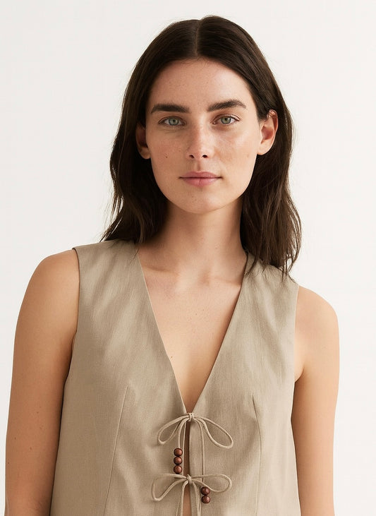 GILET COURT À LIENS ET PERLES BOIS