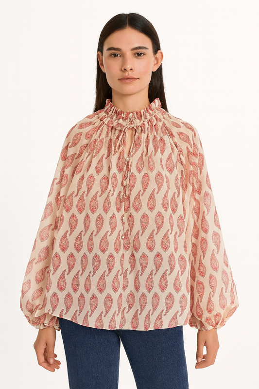BLOUSE IMPRIMÉE COL FRONCÉ