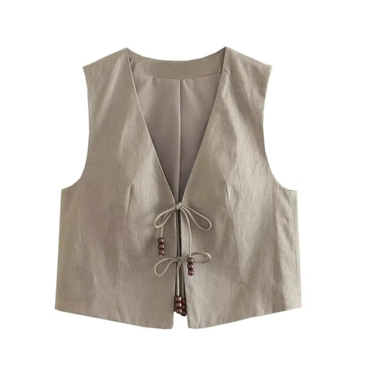 GILET COURT À LIENS ET PERLES BOIS