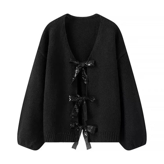 CARDIGAN TRICOTÉ À PAILLETTES AVEC NŒUD